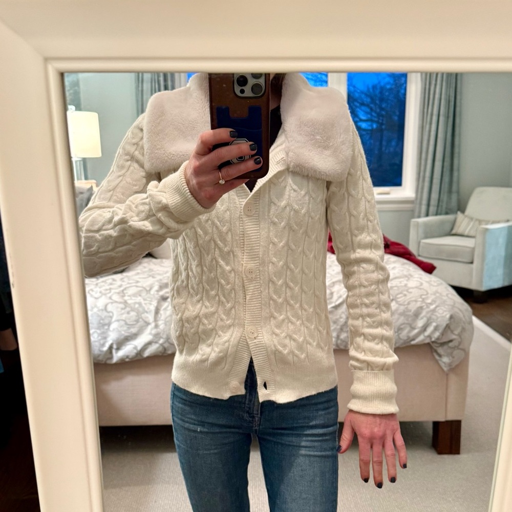 Cream Cable Knit Cardigan with Faux Fur Collar